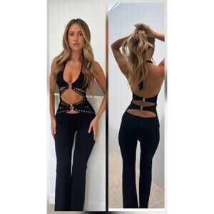 Outcast clothing strappy Flare jumpsuit SZ L Silver Hardware Gothic Punk Cutouts